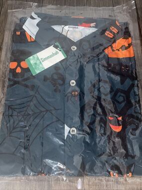 Simmashah Halloween Short Sleeve Green Button Down Shirt Small Ghosts Spiders